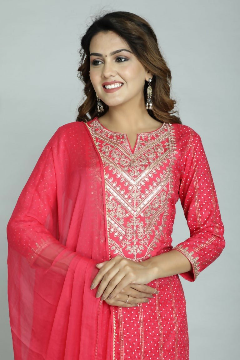 Alvano Beautiful Embroidery Print Straight Kurti with Pant and Dupatta set for Women and Girls Rayon
