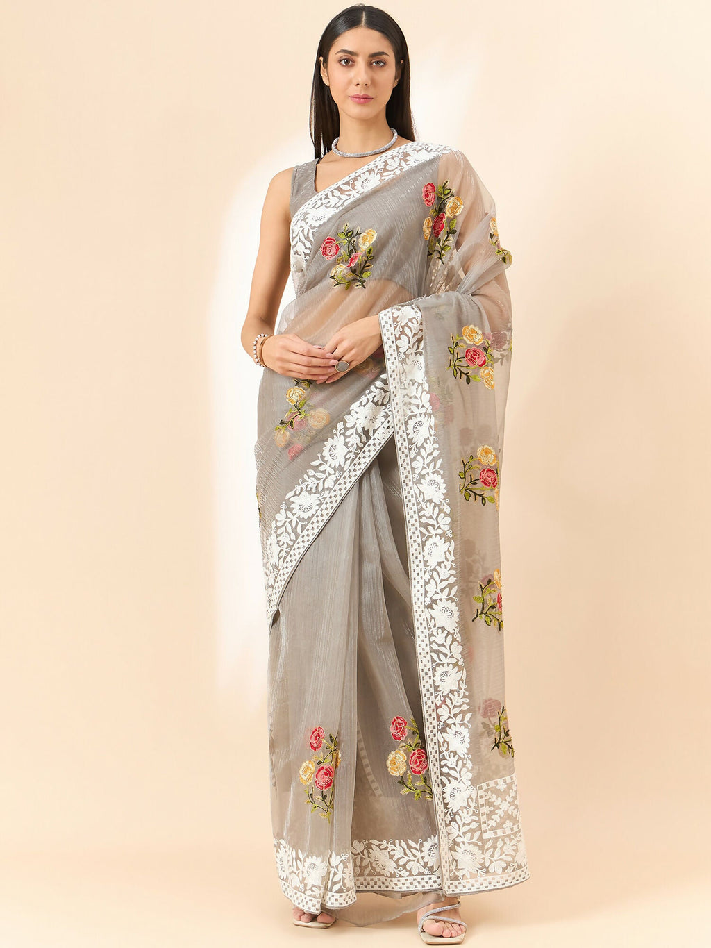 Grey Organza Floral Embroidered Saree with Unstitched Blouse Piece - Roozal