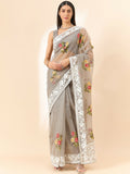Grey Organza Floral Embroidered Saree with Unstitched Blouse Piece - Roozal