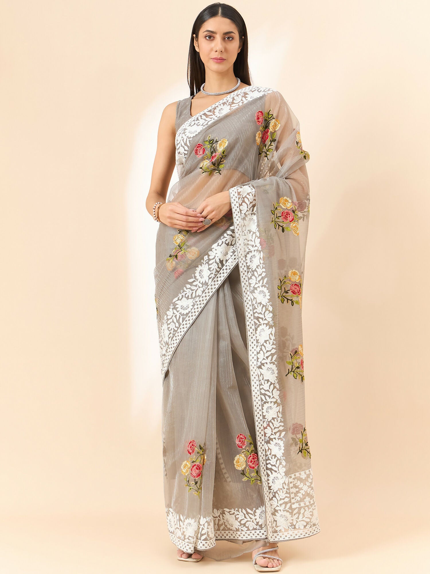 Grey Organza Floral Embroidered Saree with Unstitched Blouse Piece - Roozal