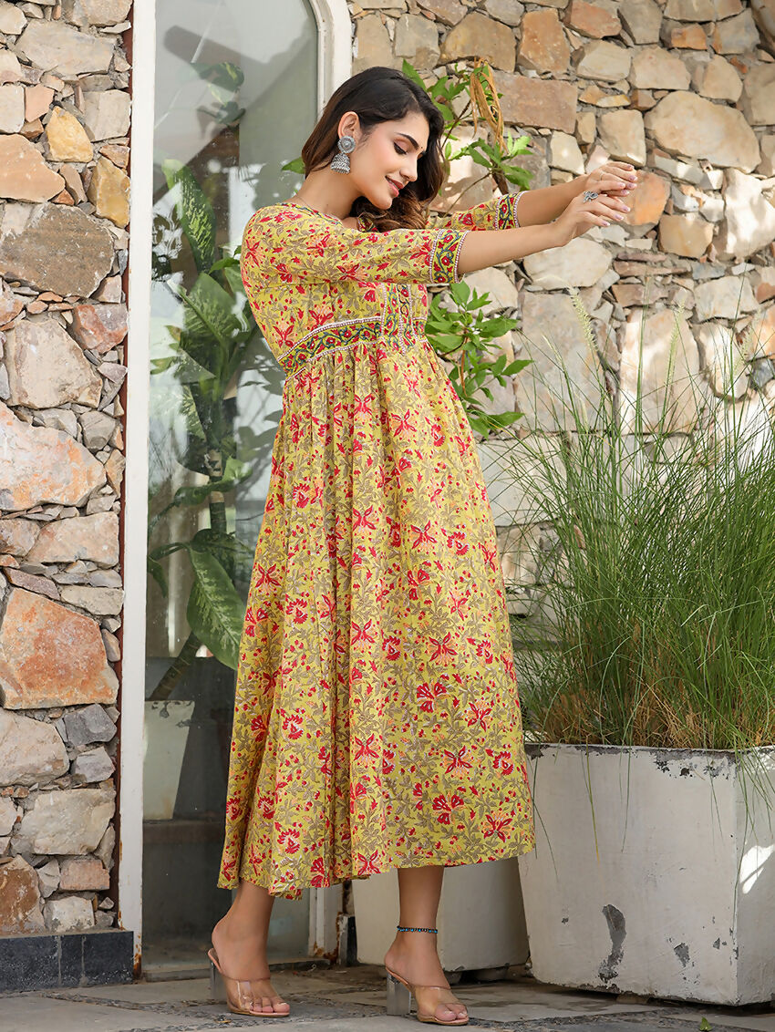 Kaajh Women's Mustard Printed Cotton Handblock Dress