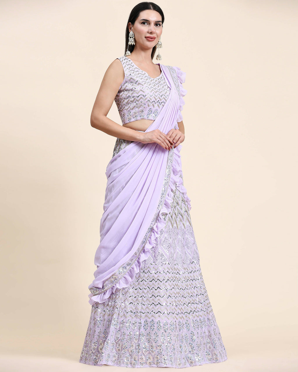 Lavender Pure Viscose Georgette Thread With Sequins Embroidery Work Lehenga Choli With Dupatta - Tanya