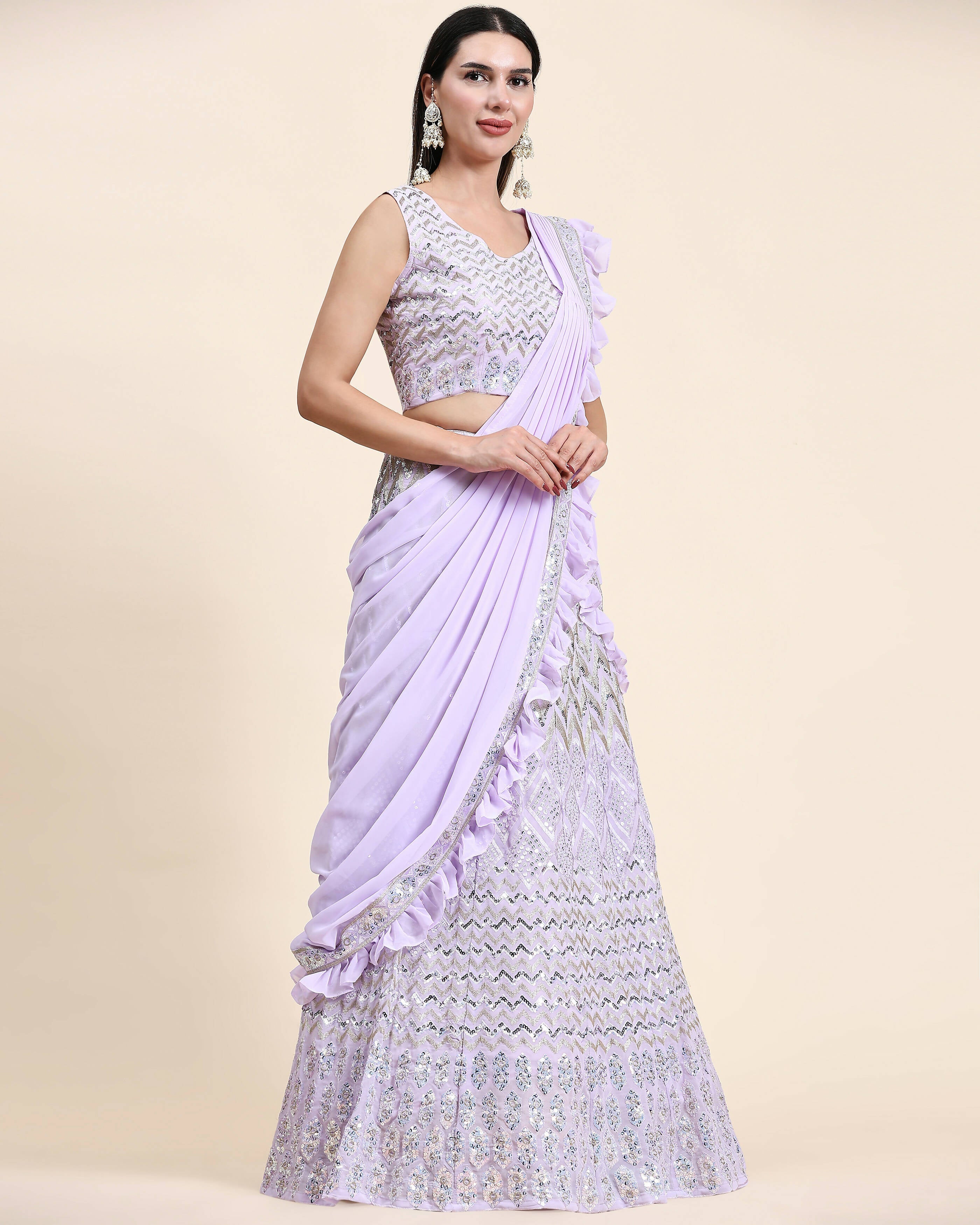 Lavender Pure Viscose Georgette Thread With Sequins Embroidery Work Lehenga Choli With Dupatta - Tanya