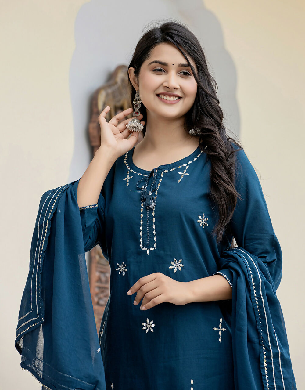 Kaajh Women's Navy Blue Mirror Embellished Cotton Suit Set