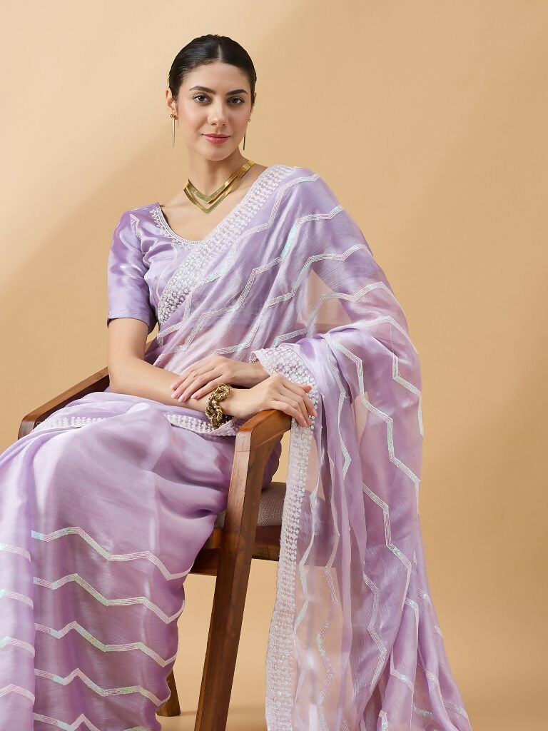 Purple Tissue Slub Embroidered Saree with Unstitched Blouse - Vairagi