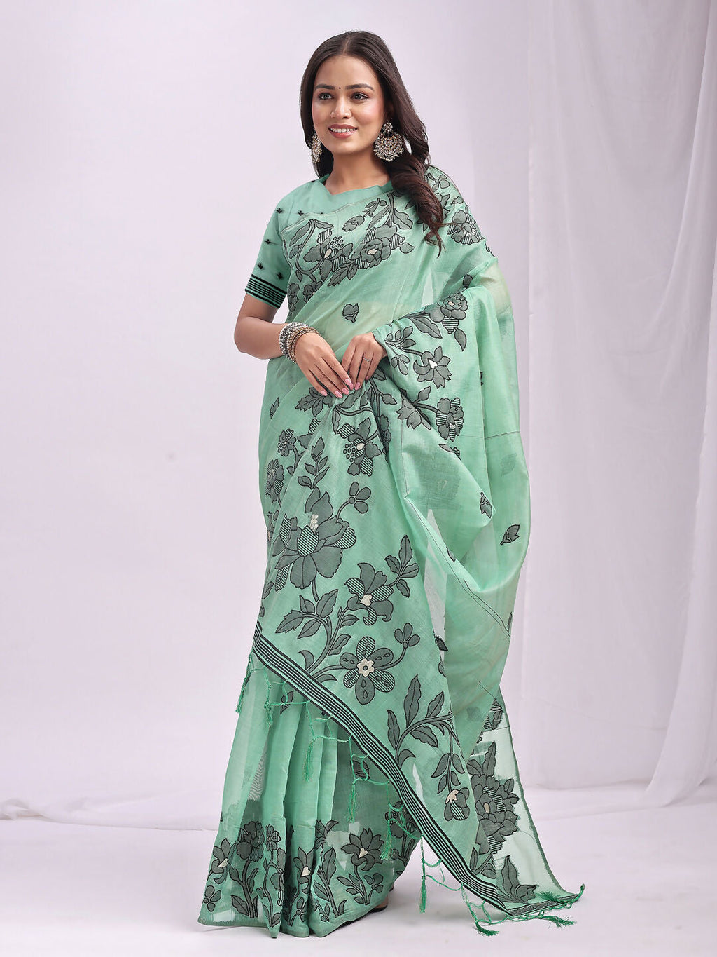 Shree Shyam Fashion Kashira Rama Green Linen Cotton Saree