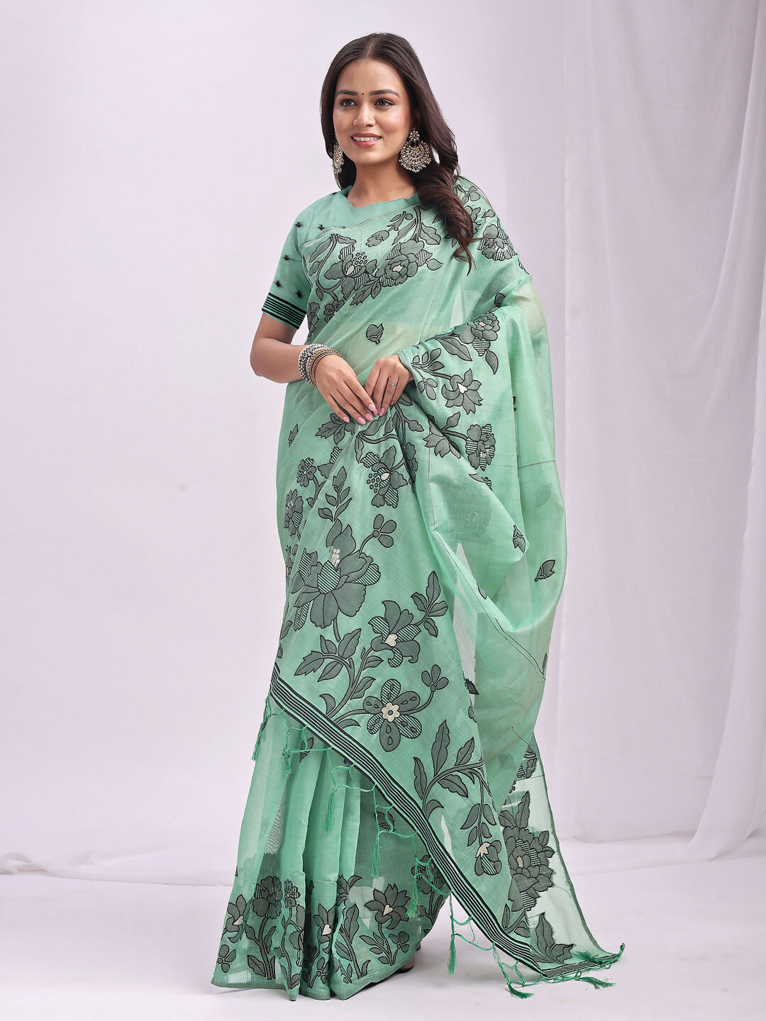 Shree Shyam Fashion Kashira Rama Green Linen Cotton Saree