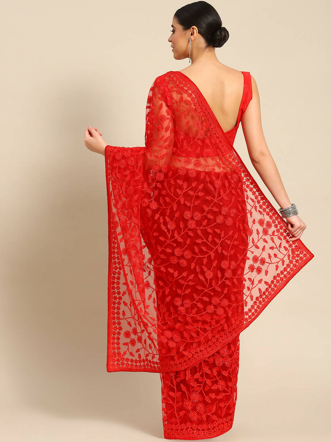 Red Woven Design Net Saree with Blouse Piece - Kalamkari