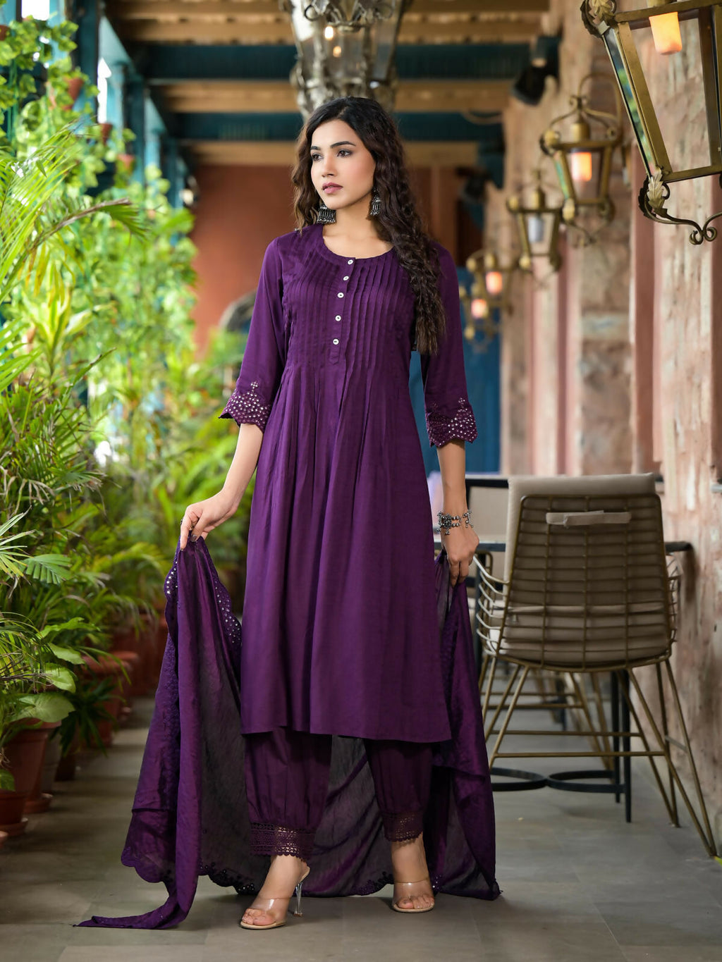 Juniper Women's Plum Thread Embroidered Liva Rayon Kurta Set With Buttons & Mirror Work