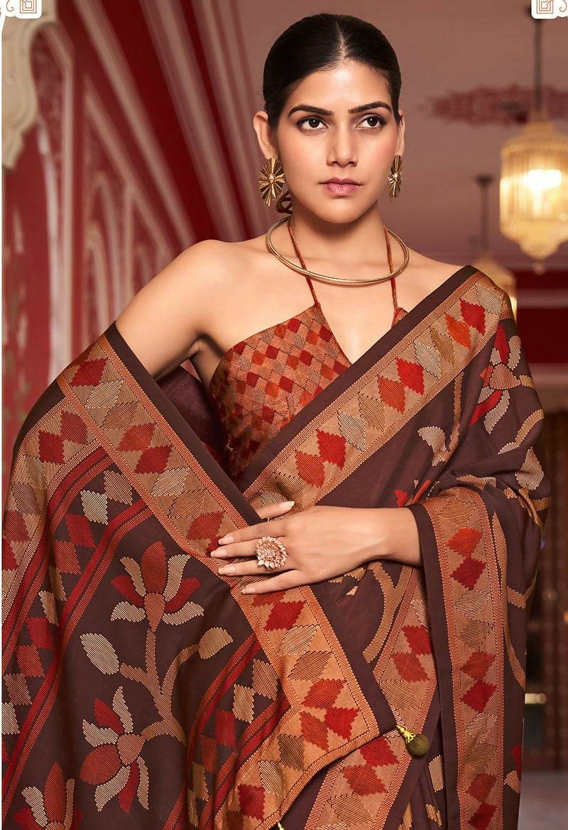 Monjolika Fashion Silk Blend Brown Printed Saree