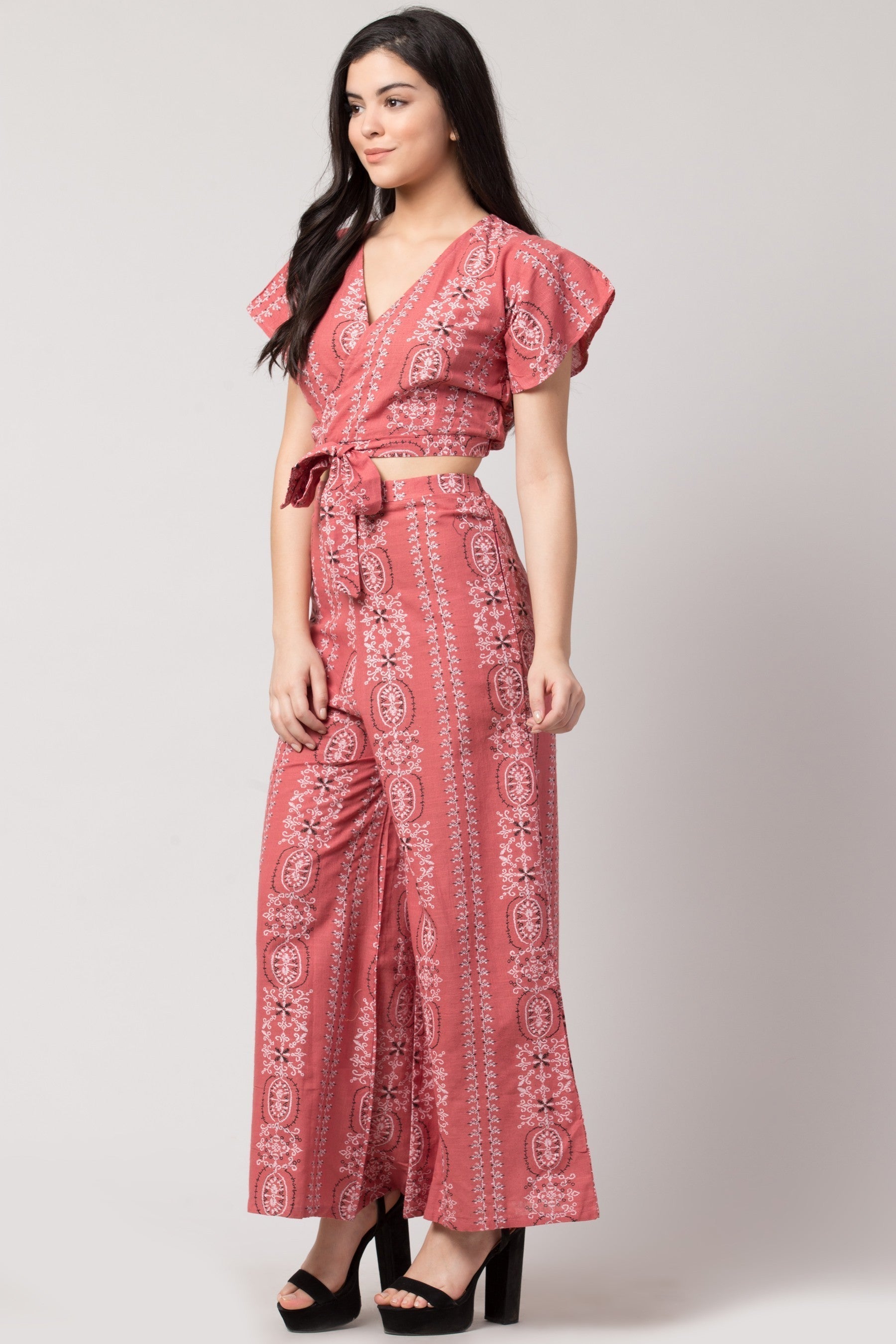 PAVONINE Peach Color Printed Crop Top And Flared Palazzo Set For Girls & Women