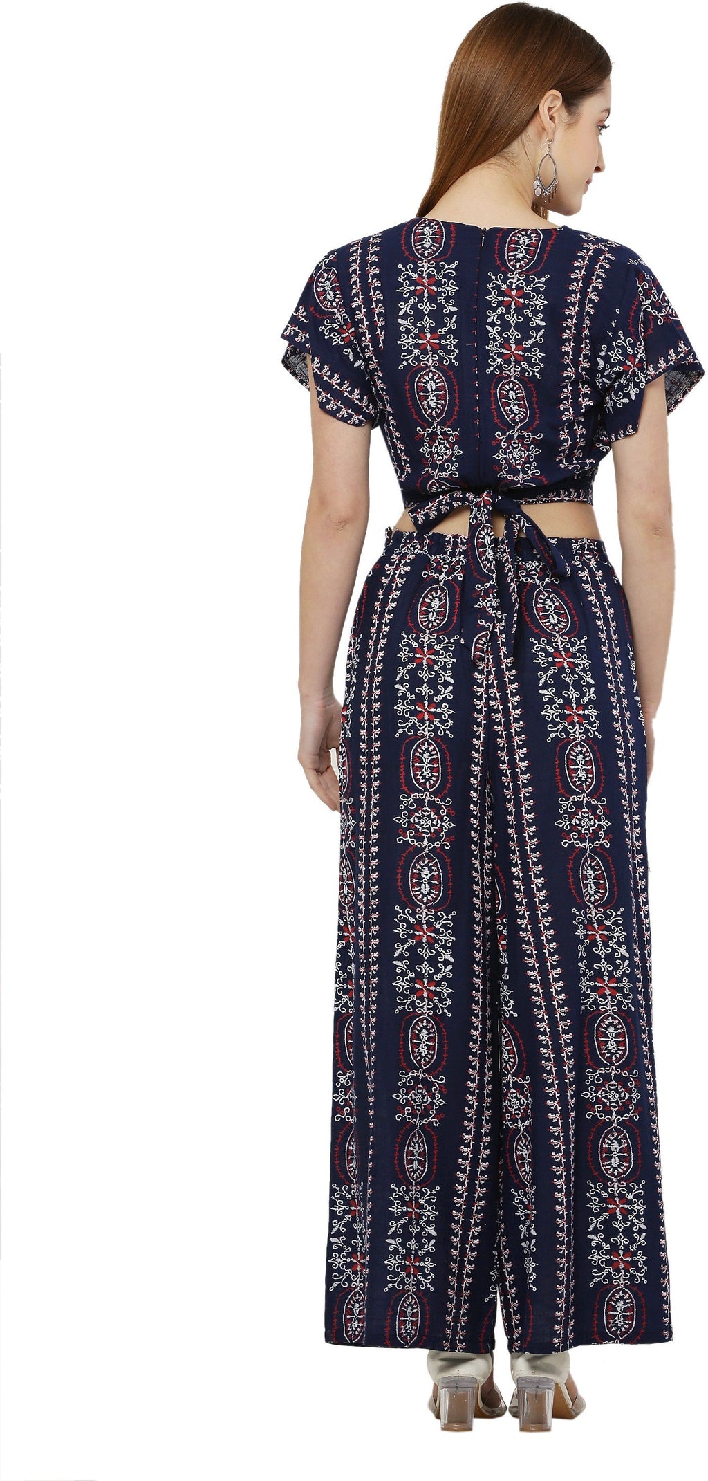 PAVONINE Navy Blue Color Printed Crop Top And Flared Palazzo Set For Girls & Women