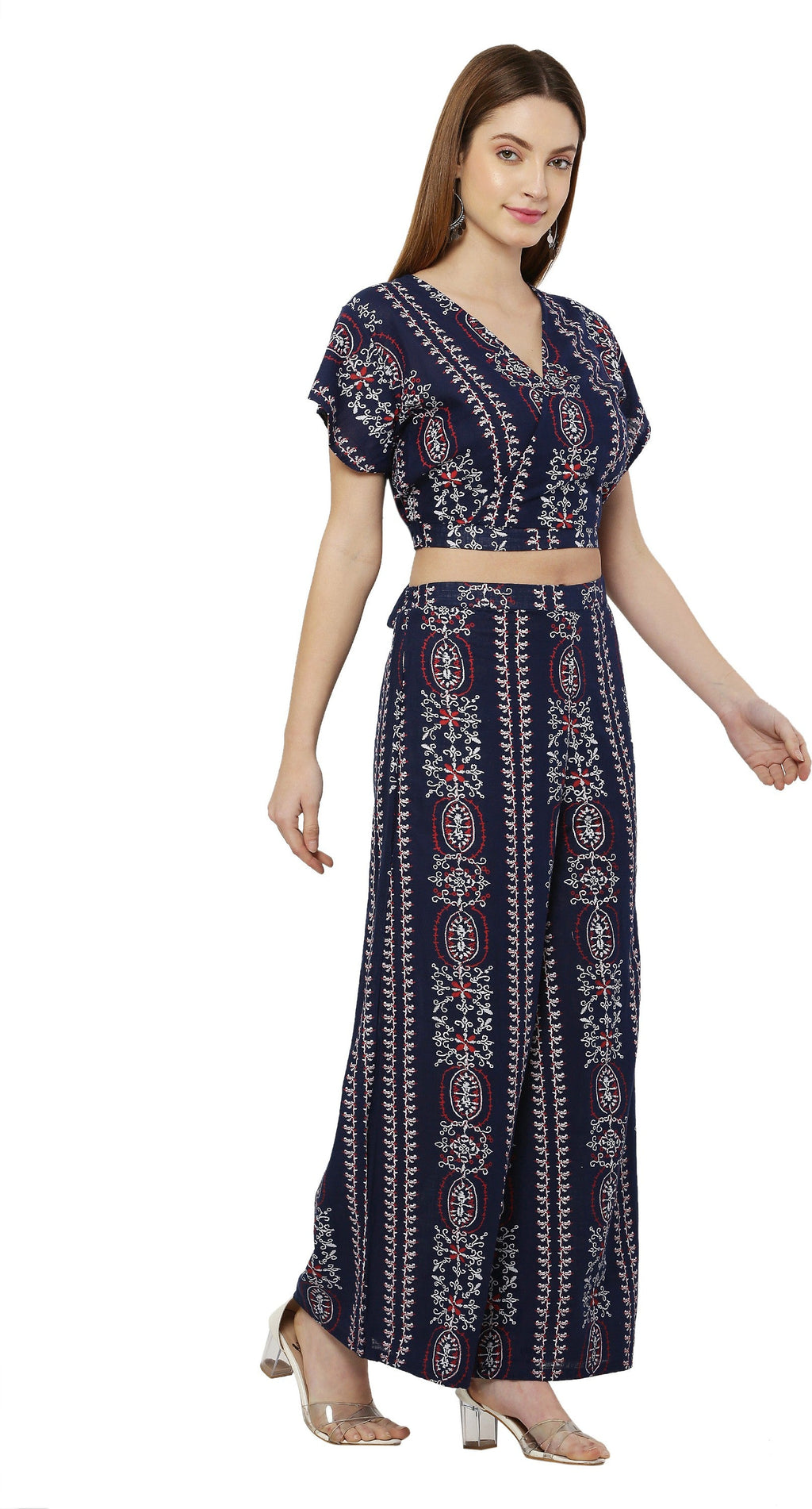 PAVONINE Navy Blue Color Printed Crop Top And Flared Palazzo Set For Girls & Women