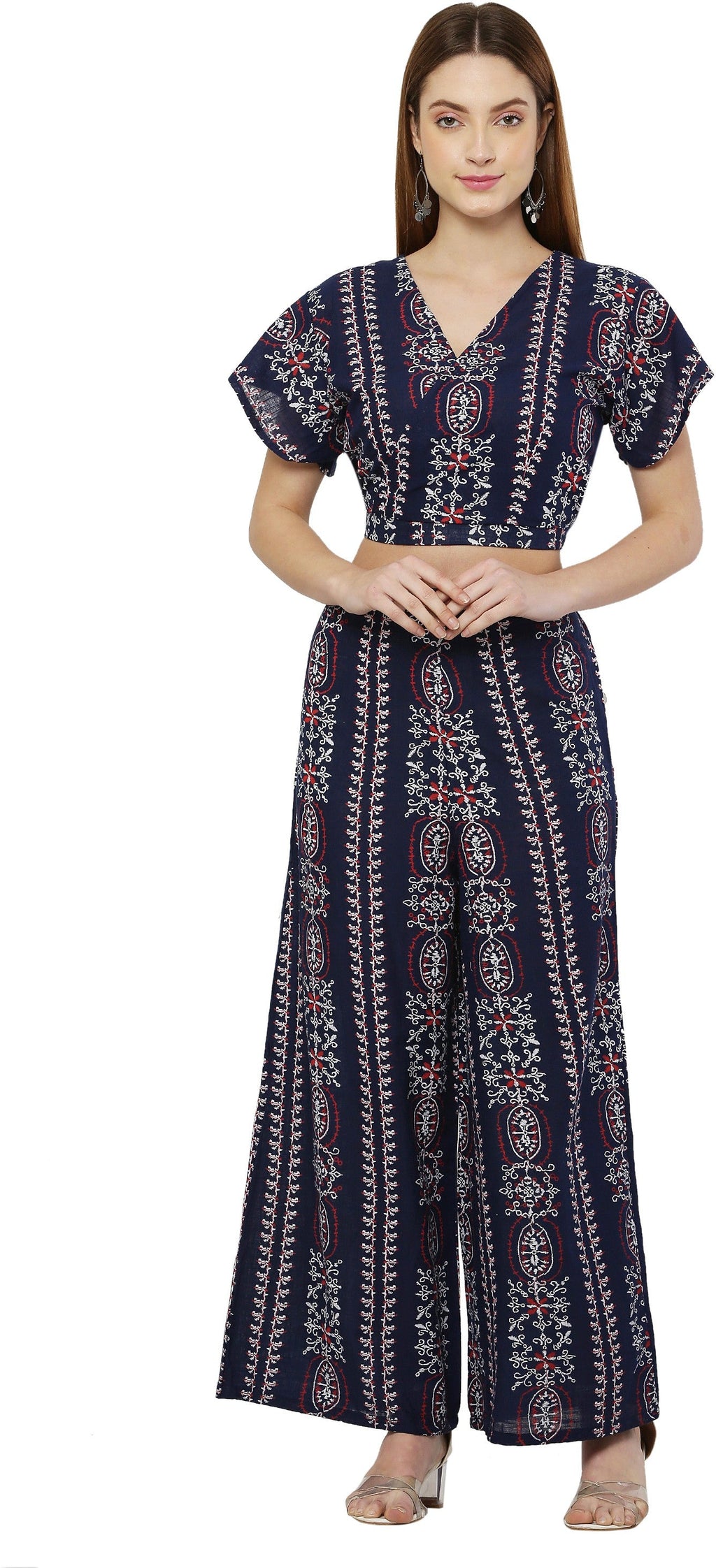 PAVONINE Navy Blue Color Printed Crop Top And Flared Palazzo Set For Girls & Women