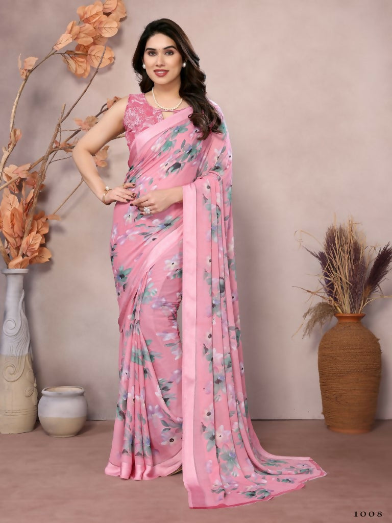 Designer Partywear Pink Bright Moss Satin Patta Fancy Saree - Kanak