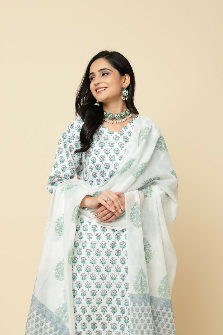 Designer Stylish Skyblue Cotton Blend Stitched Suit With Dupatta - Tanisha