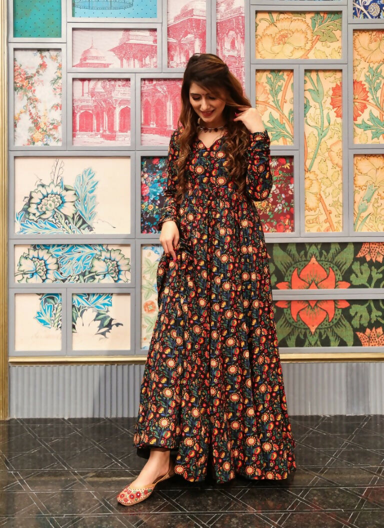 Jyoti Fashion Women's Coffee Heavy Digital Printed Cotton Silk Anarkali Dress