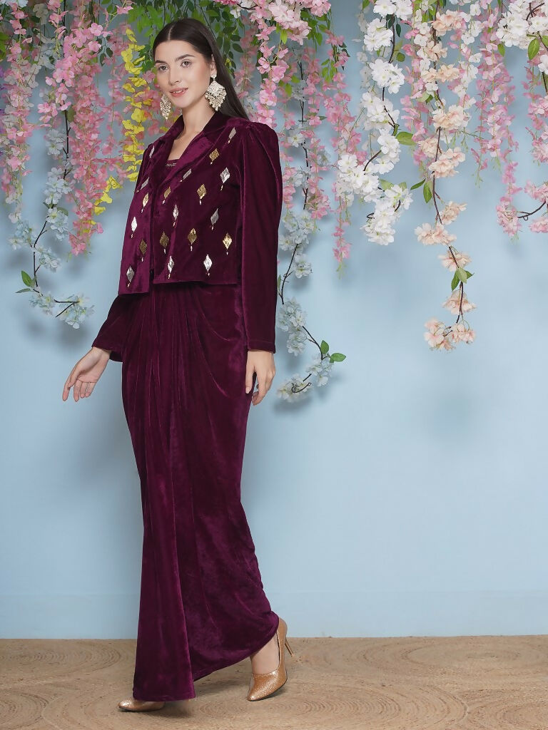 Joban Fashion Wine Hand Embellished Jacket with inner and skirt