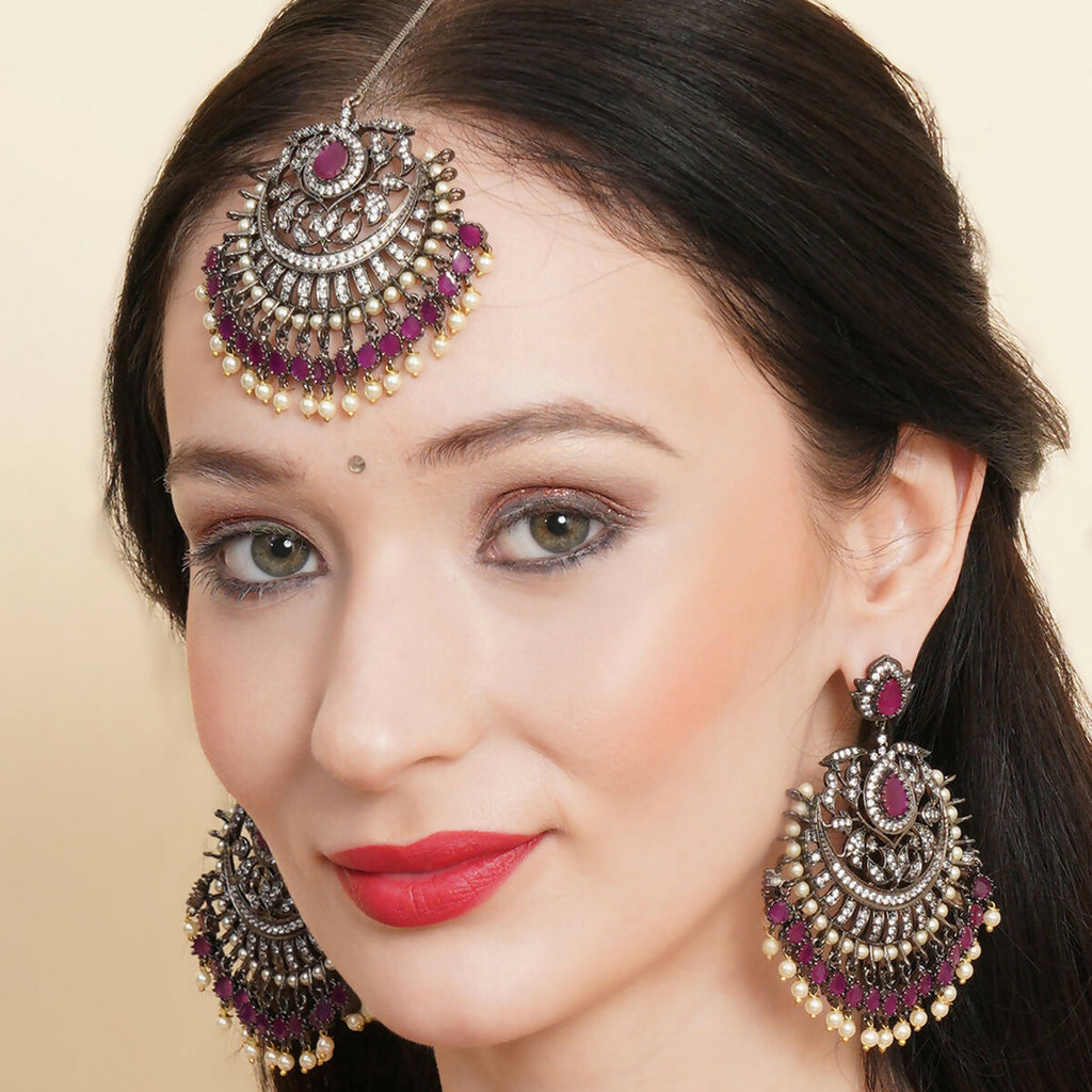 Diamond & Maroon Stone Earrings with Matching Maang Tikka- Ruby Raang