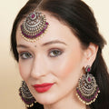 Diamond & Maroon Stone Earrings with Matching Maang Tikka- Ruby Raang