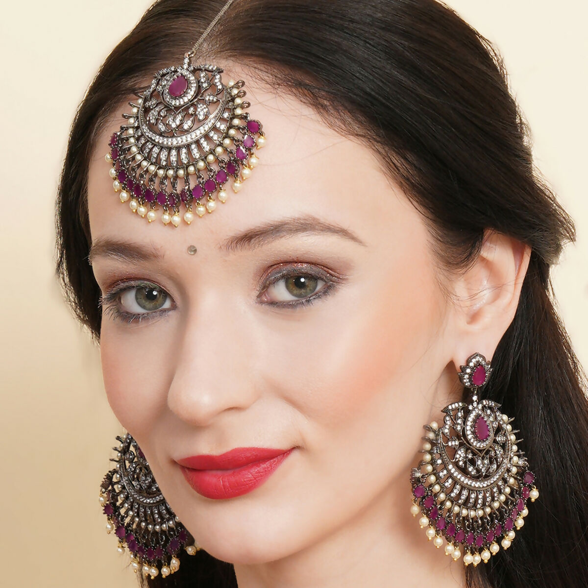 Diamond & Maroon Stone Earrings with Matching Maang Tikka- Ruby Raang