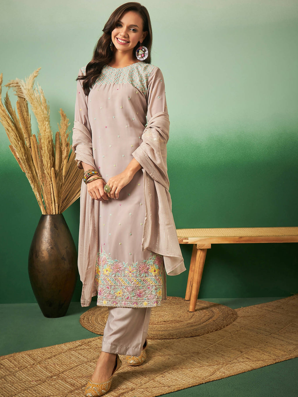 Light Brown Georgette Handwork Unstitched Dress Material - Hanika