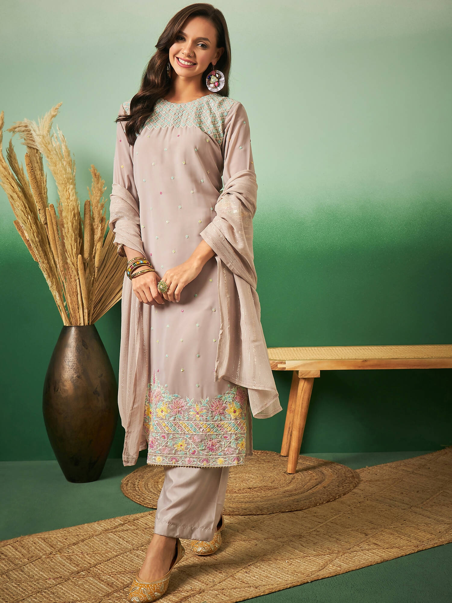 Light Brown Georgette Handwork Unstitched Dress Material - Hanika
