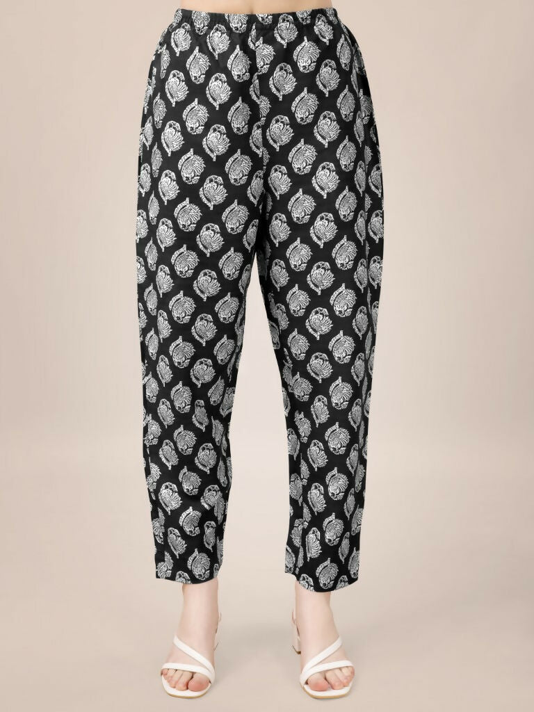 Jyoti Fashion Women's Black Rayon Print with Embroidery & Fancy Lace Work Kurta with Trouser & Dupatta
