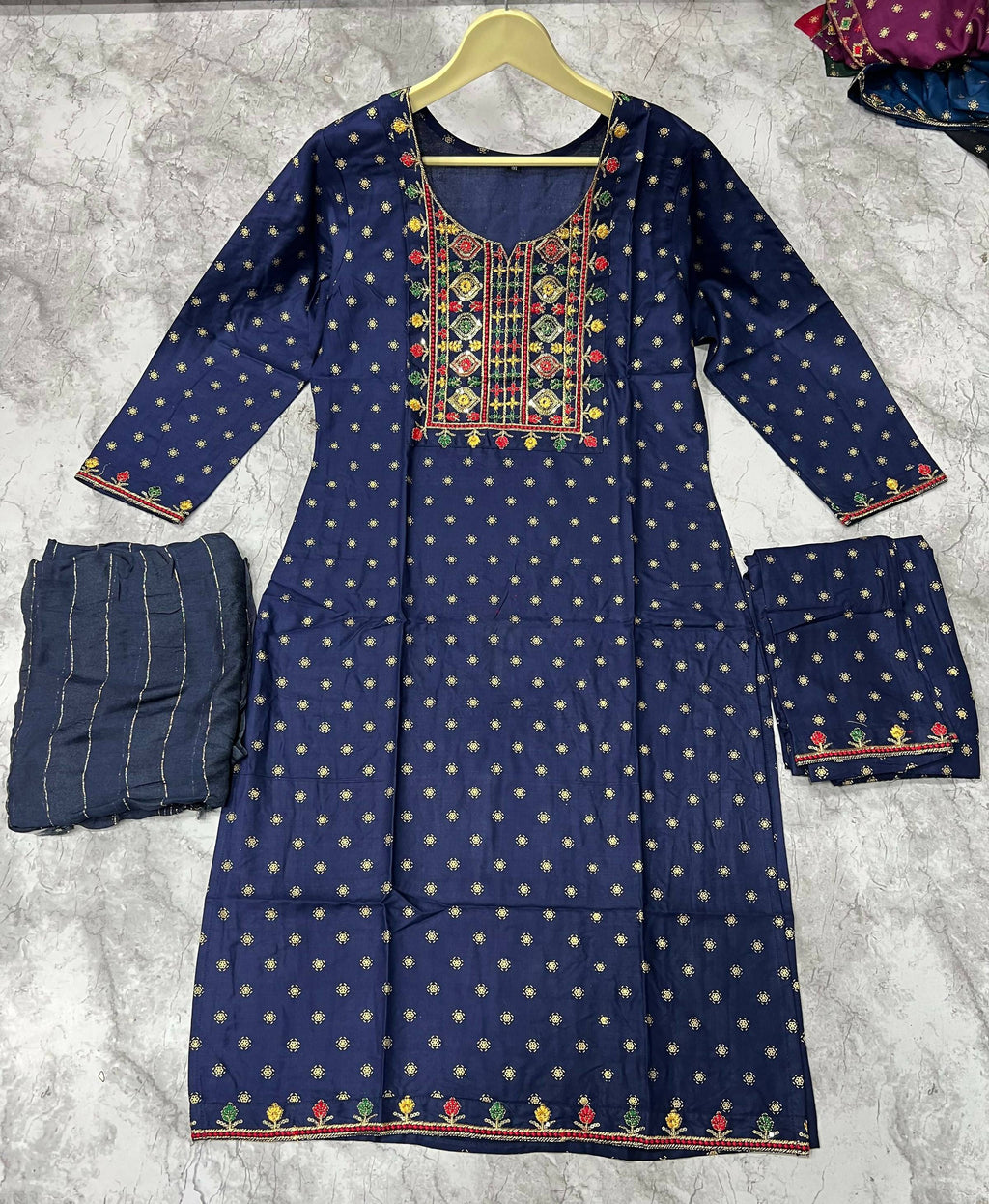 Jyoti Fashion Women's Blue 14KG Rayon Foil Print with Embroidery Kurta Set