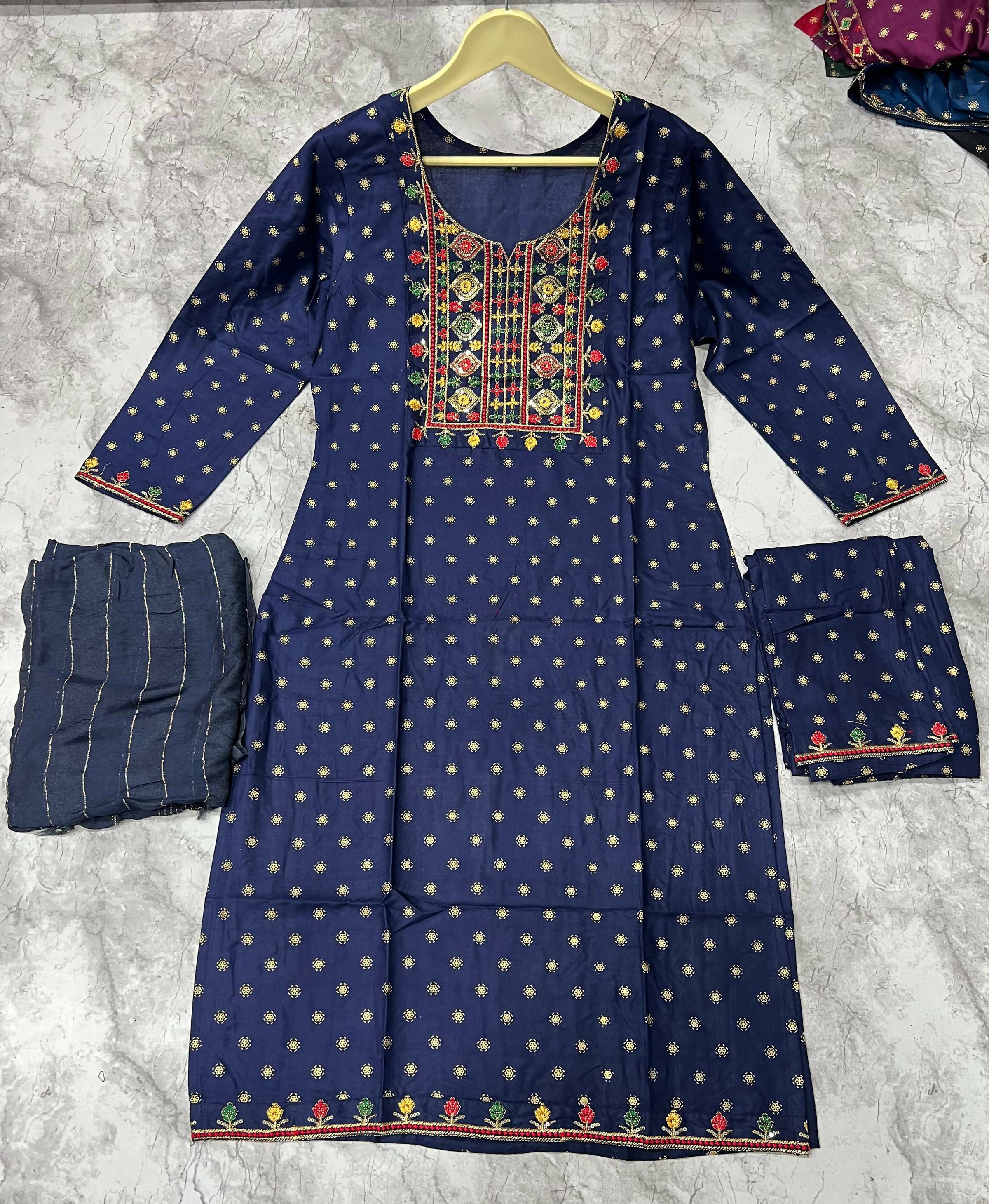 Jyoti Fashion Women's Blue 14KG Rayon Foil Print with Embroidery Kurta Set