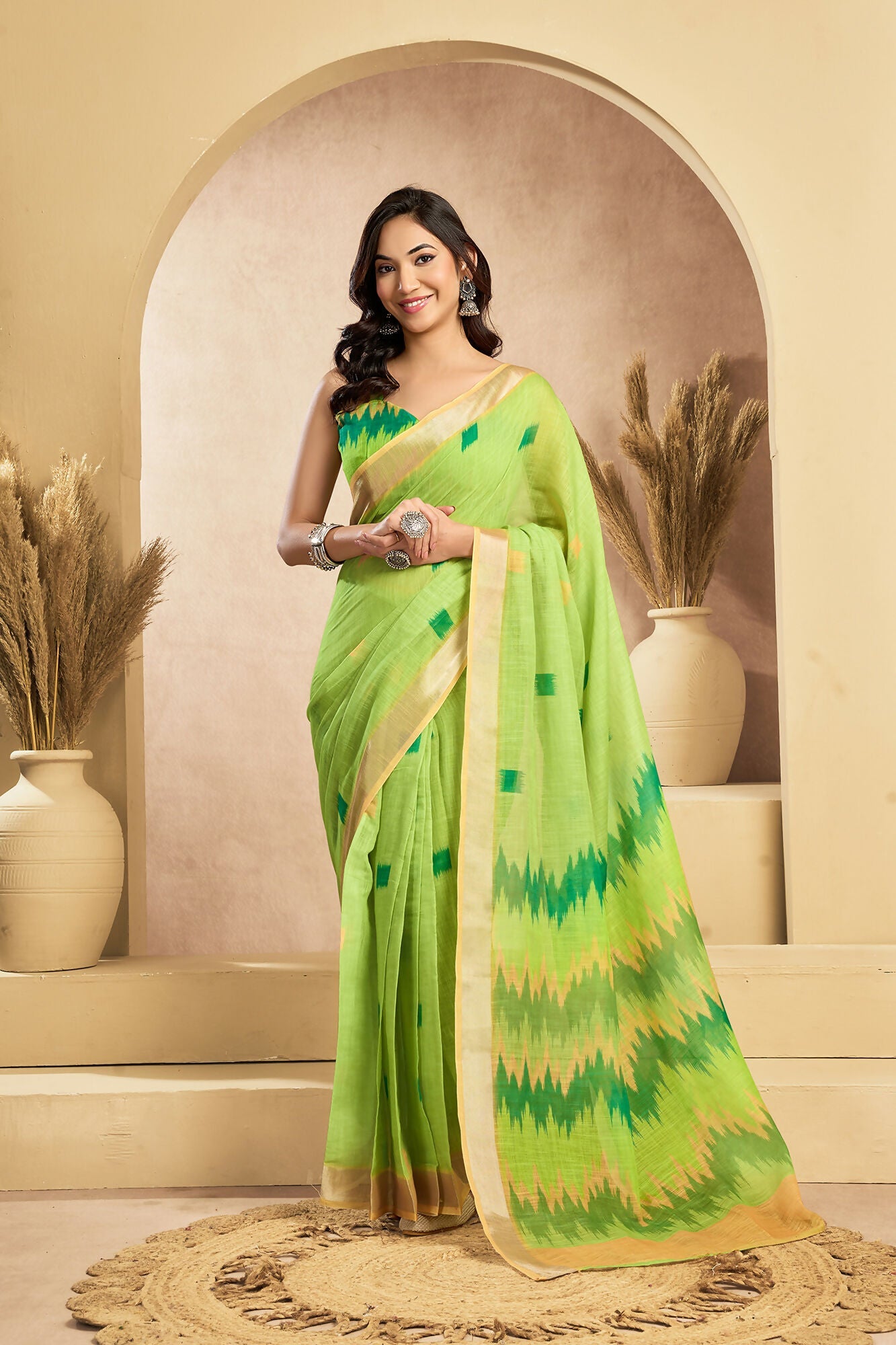 Vastranavya Mint Green Digital Printed Linen Ready To Wear Pocket Saree with Unstitched Blouse