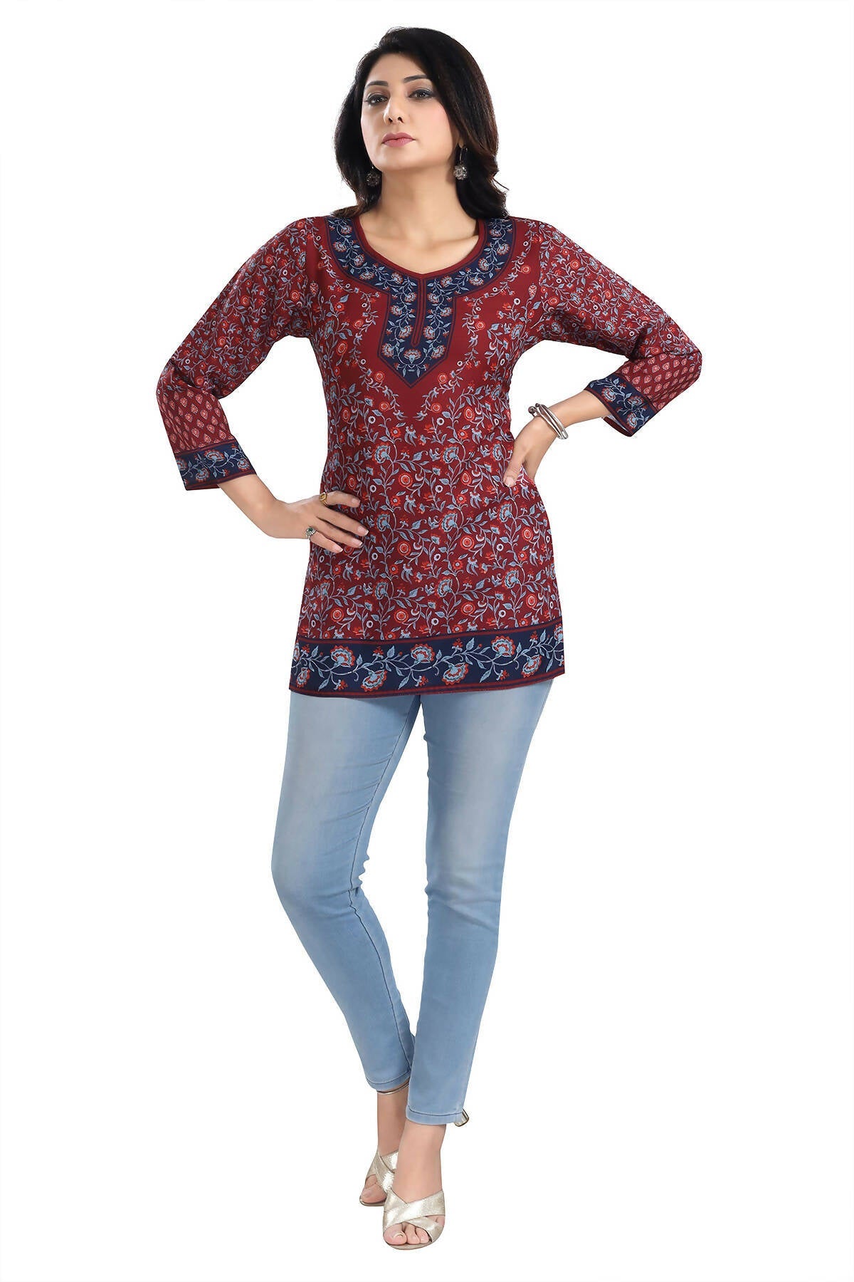 Snehal Creations Magical Maroon Summer Cool Printed Short Kurti Tunic Top