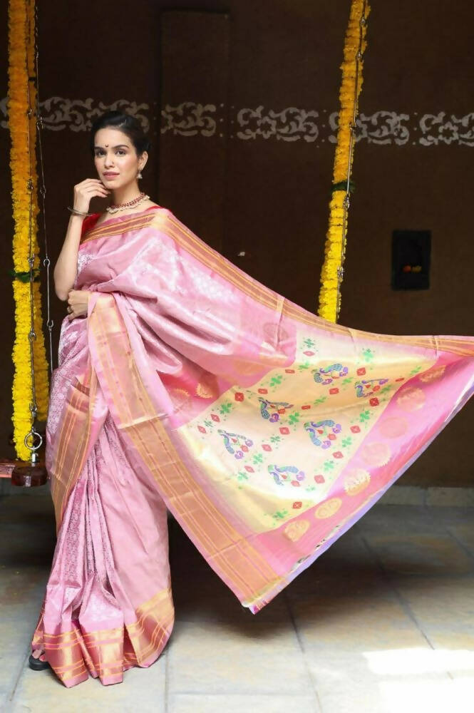 Very Much Indian Silk Handloom Maharani Paithani In Rich Pearl Pink With Silver Zari Brocade