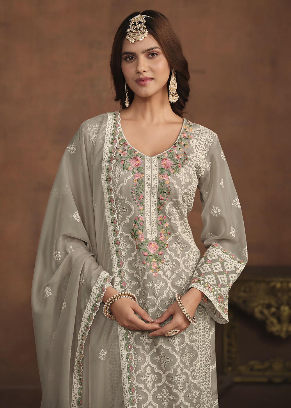 Slate Grey Soft Organza Embroidered Festive Salwar Suit - Emponline