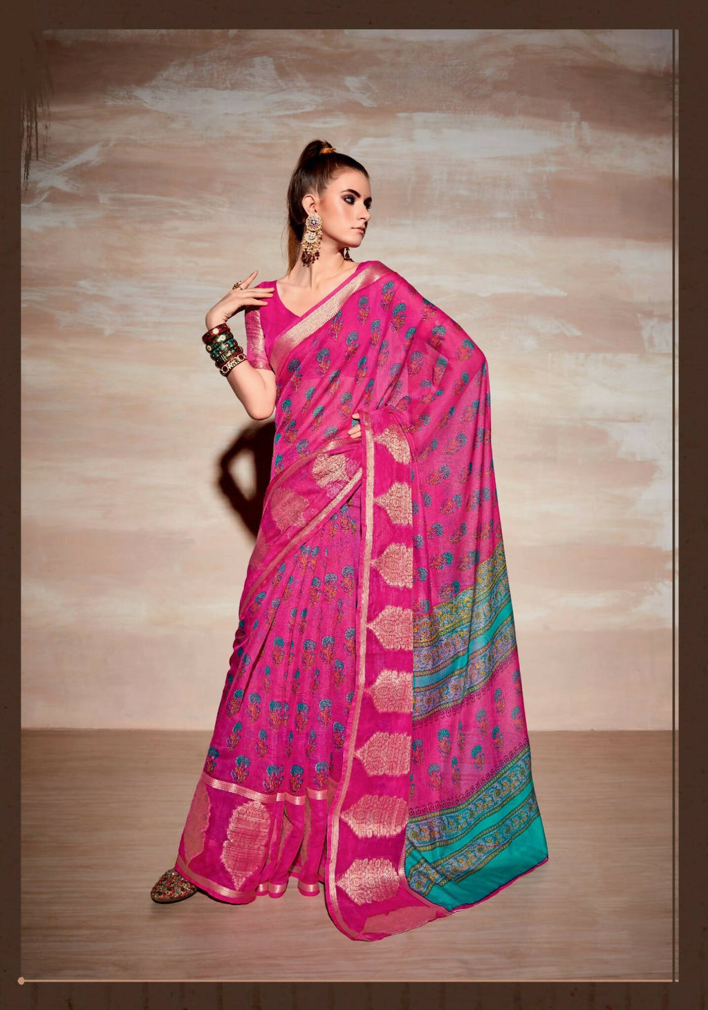 Pink Cotton Floral Printed Saree With Unstitched Blouse Piece - Kathika