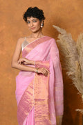 Very Much Indian Handloom Pure Cotton Linen Saree With Golden Border - Pink