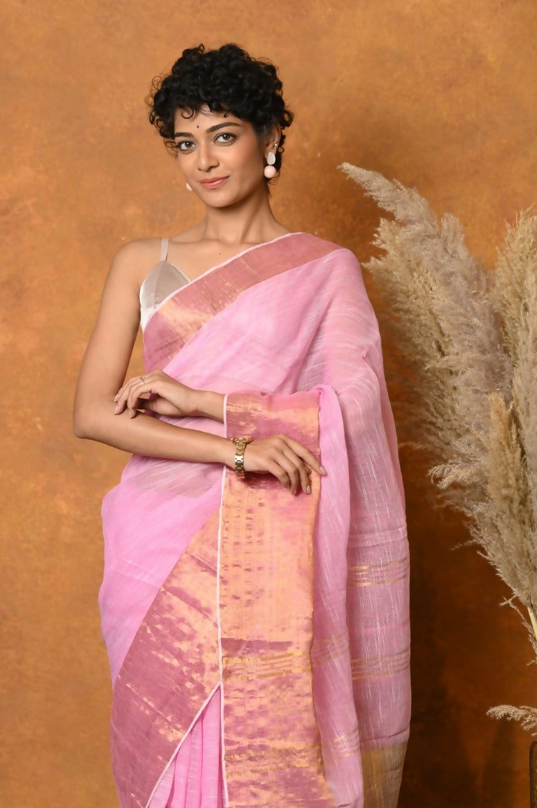 Very Much Indian Handloom Pure Cotton Linen Saree With Golden Border - Pink