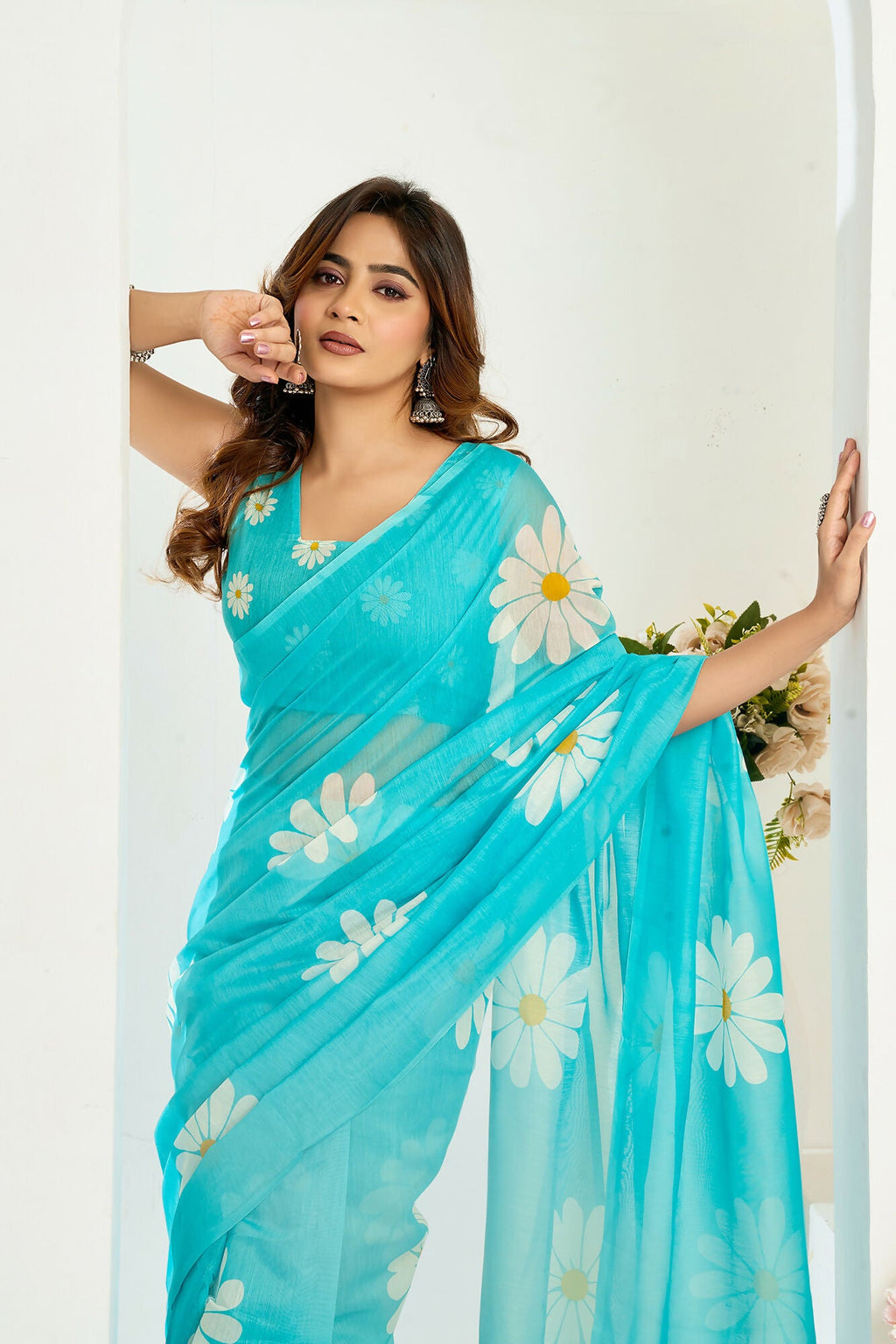 Vastranavya Sky Blue Digital Printed Linen Ready To Wear Designer Saree with Unstitched Blouse