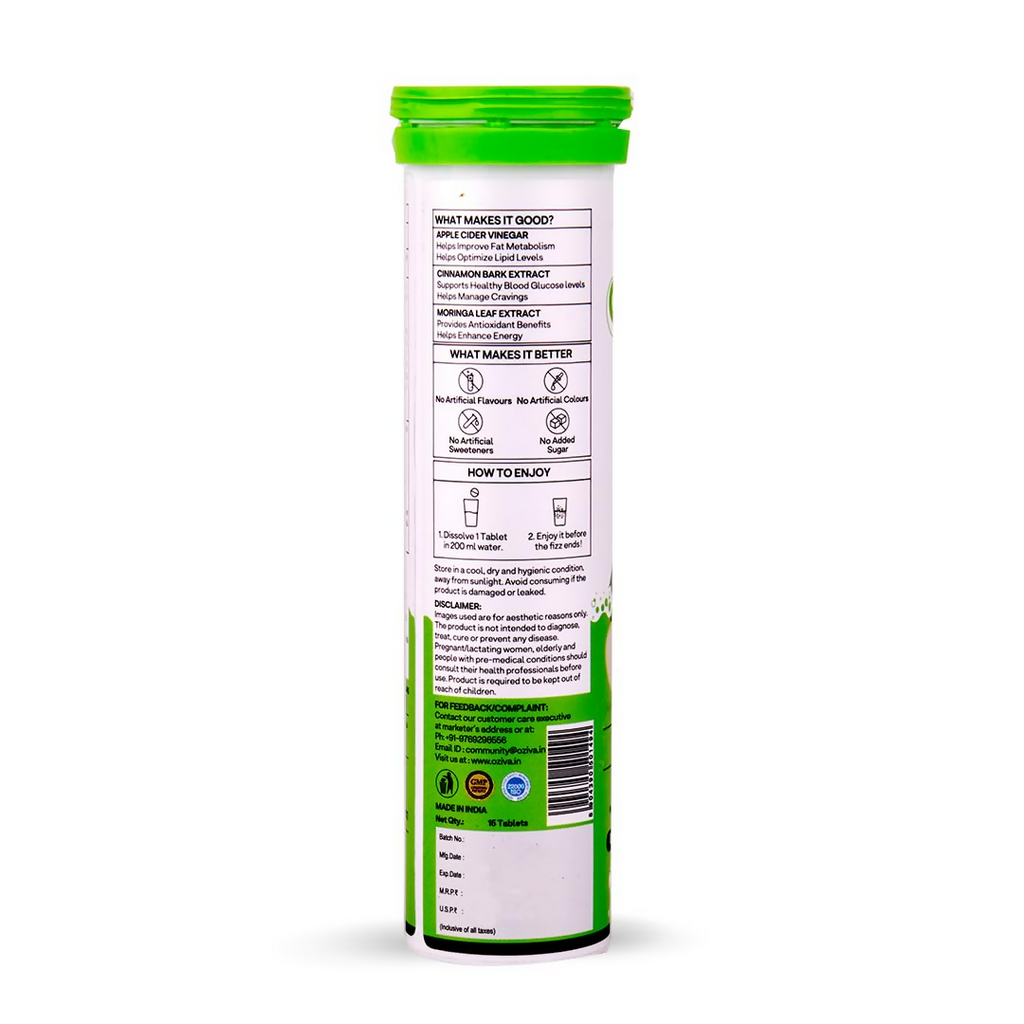 OZiva ACV Moringa For Weight Loss 3-in-1 Fat Oxidation Formula Tablets - Green Apple Flavor