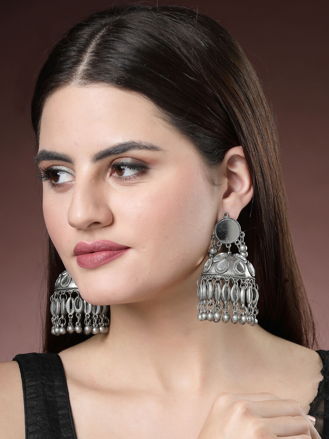 NVR Women's Silver Plated Mirror Work Oxidised Contemporary Jhumka Earrings