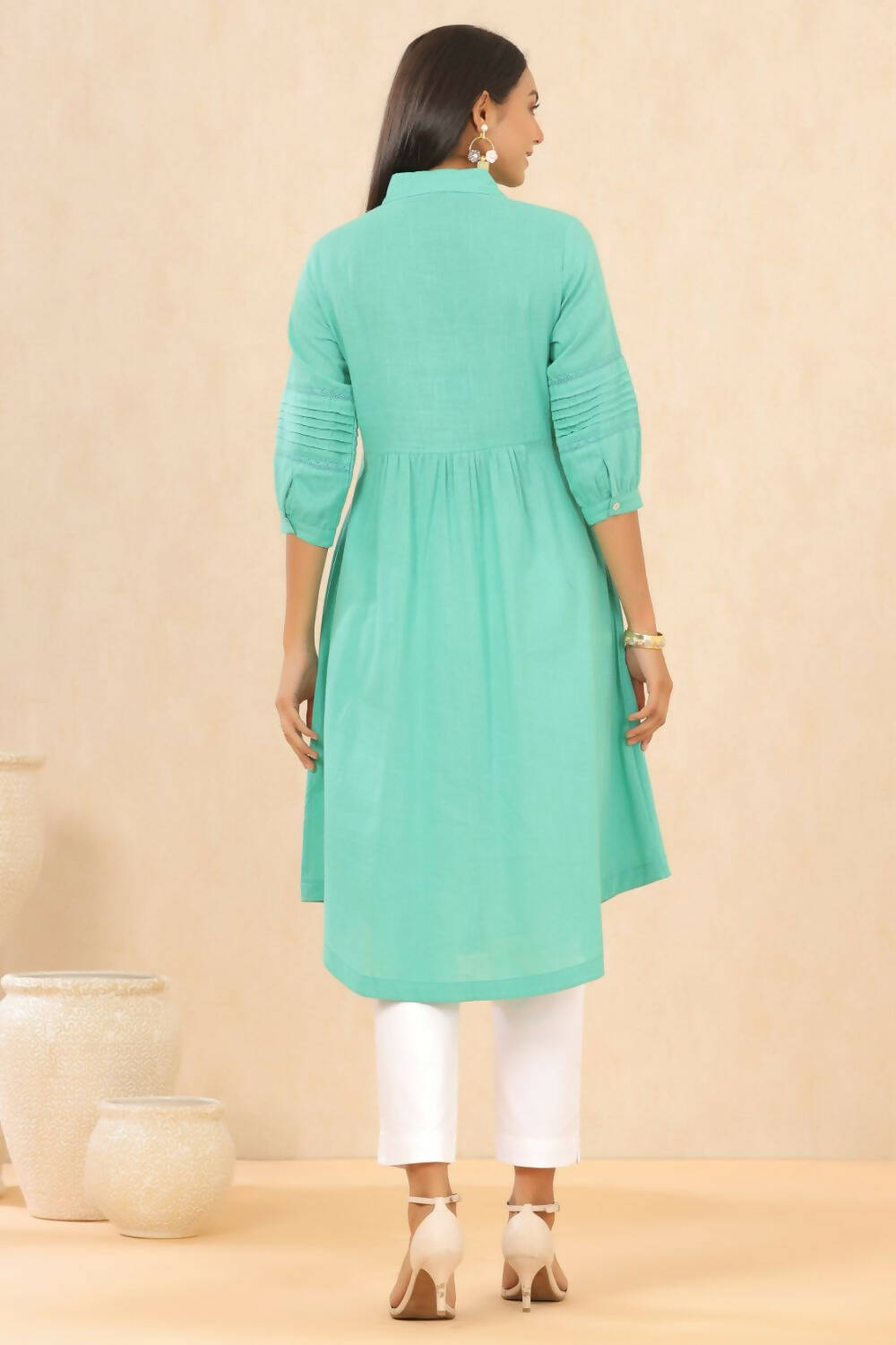 Juniper Womens Blush Turquoise Cotton Slub Solid Mid Length Shirt Dress With Lace Detailing