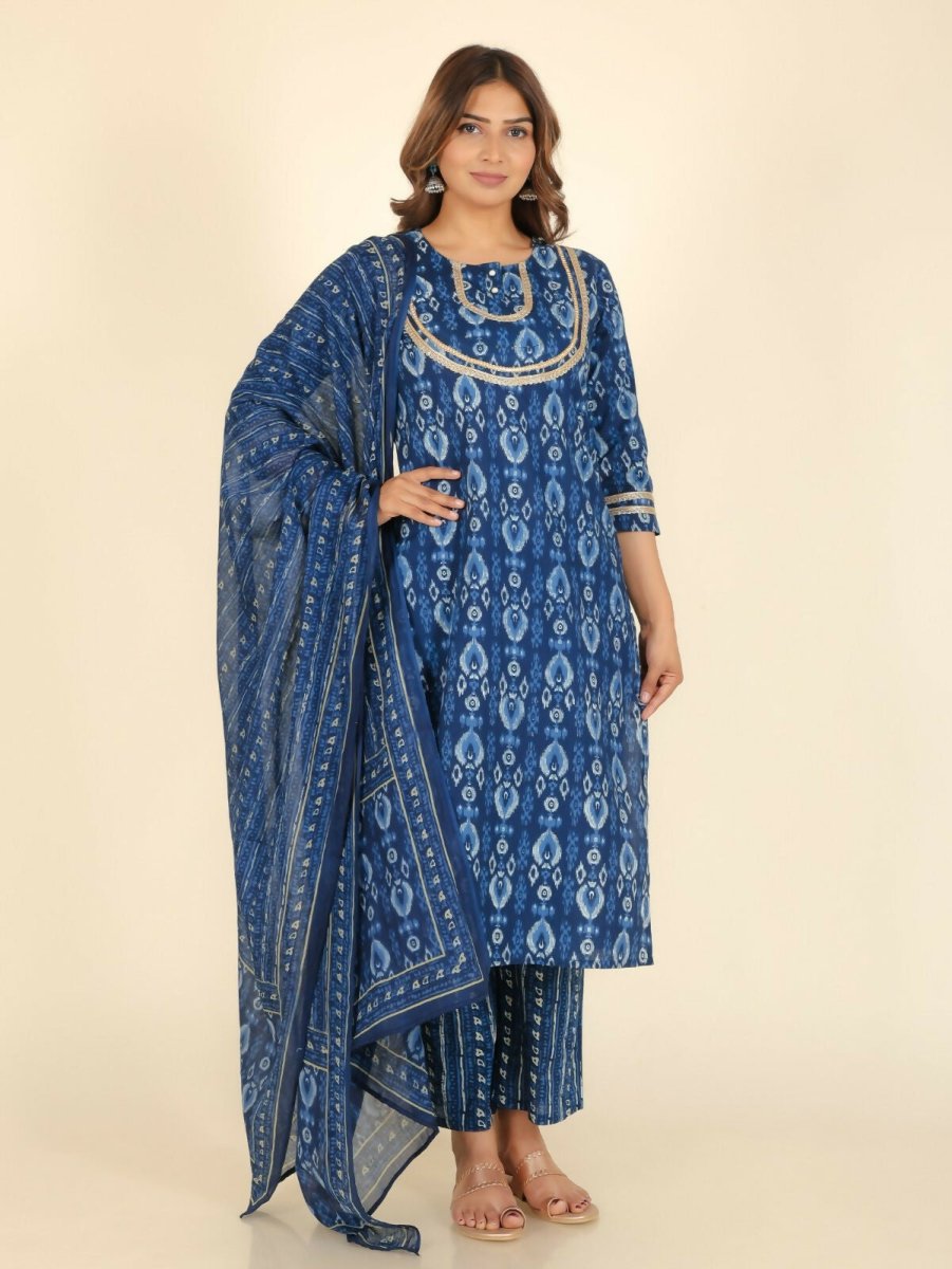 Aramya Straight Soft Cotton Ikat Print Women's Kurta - Blue