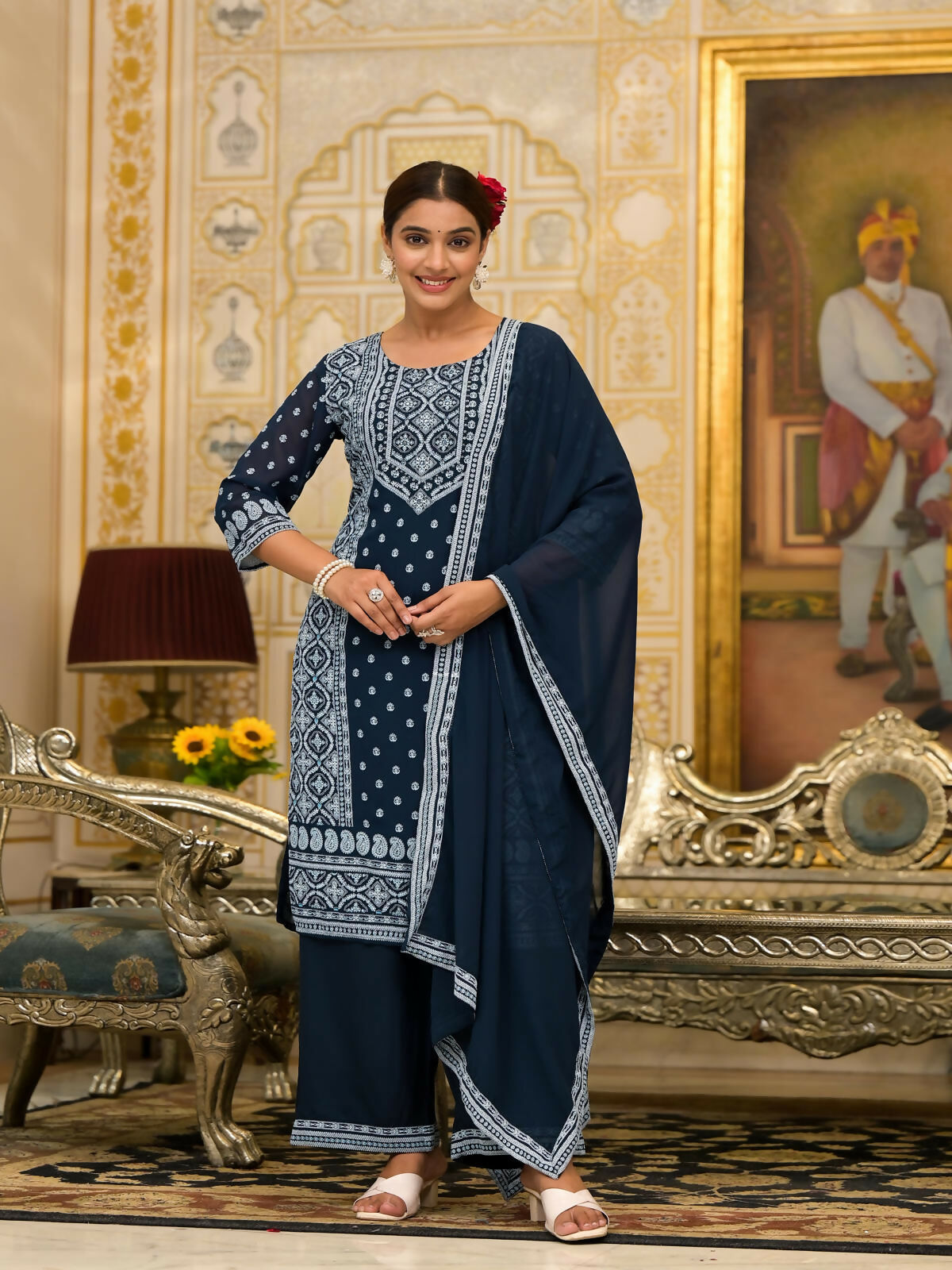 Juniper Women's Navy Ethnic Motif Printed Georgette Kurta Pant And Dupatta Set With Sequins & Beads