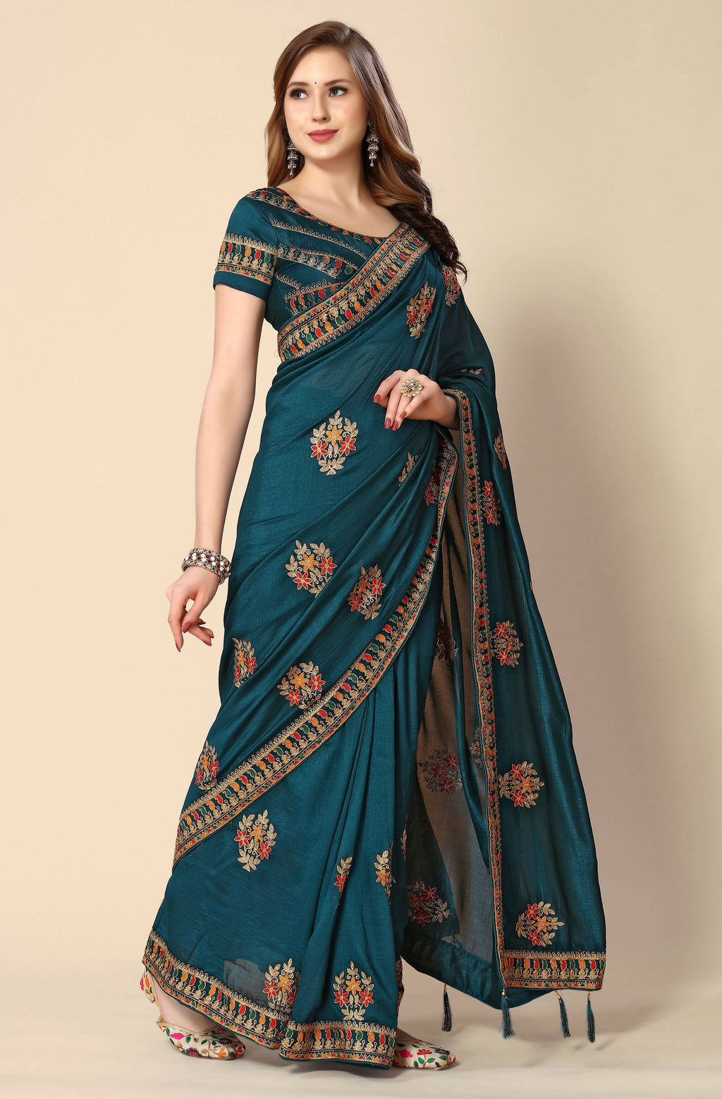 Teal Chinon Embroidered Saree with Unstitched Blouse Piece - Roozal