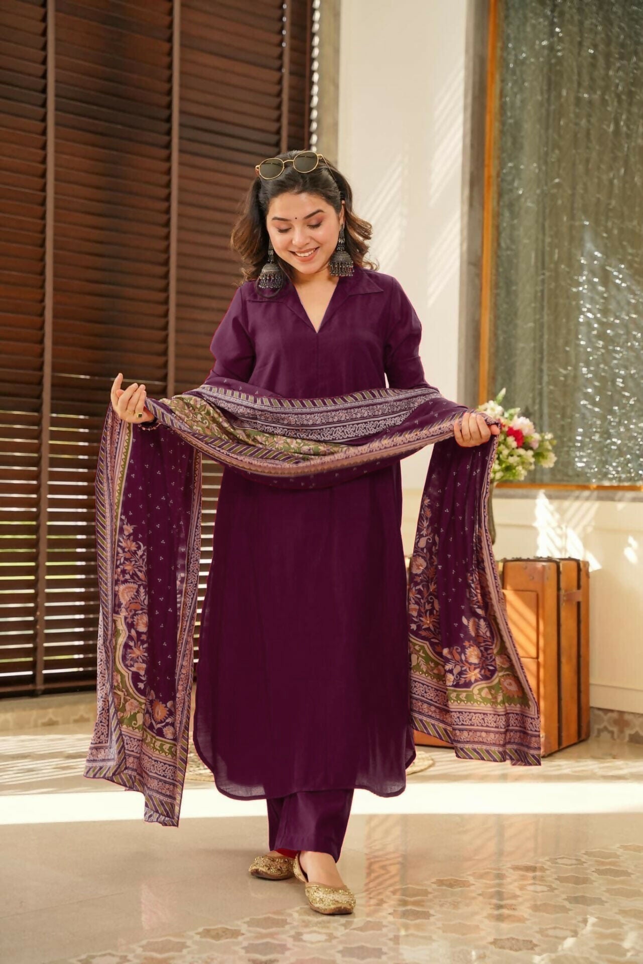 The52 Wine Women's Beautiful South Cotton Fabric Straight Kurta with Pant And Dupatta Set