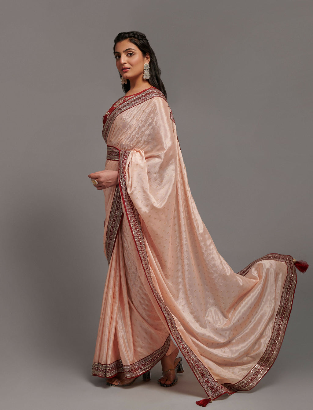 PR Fashion Peach Chinon Embroidery Lace Saree