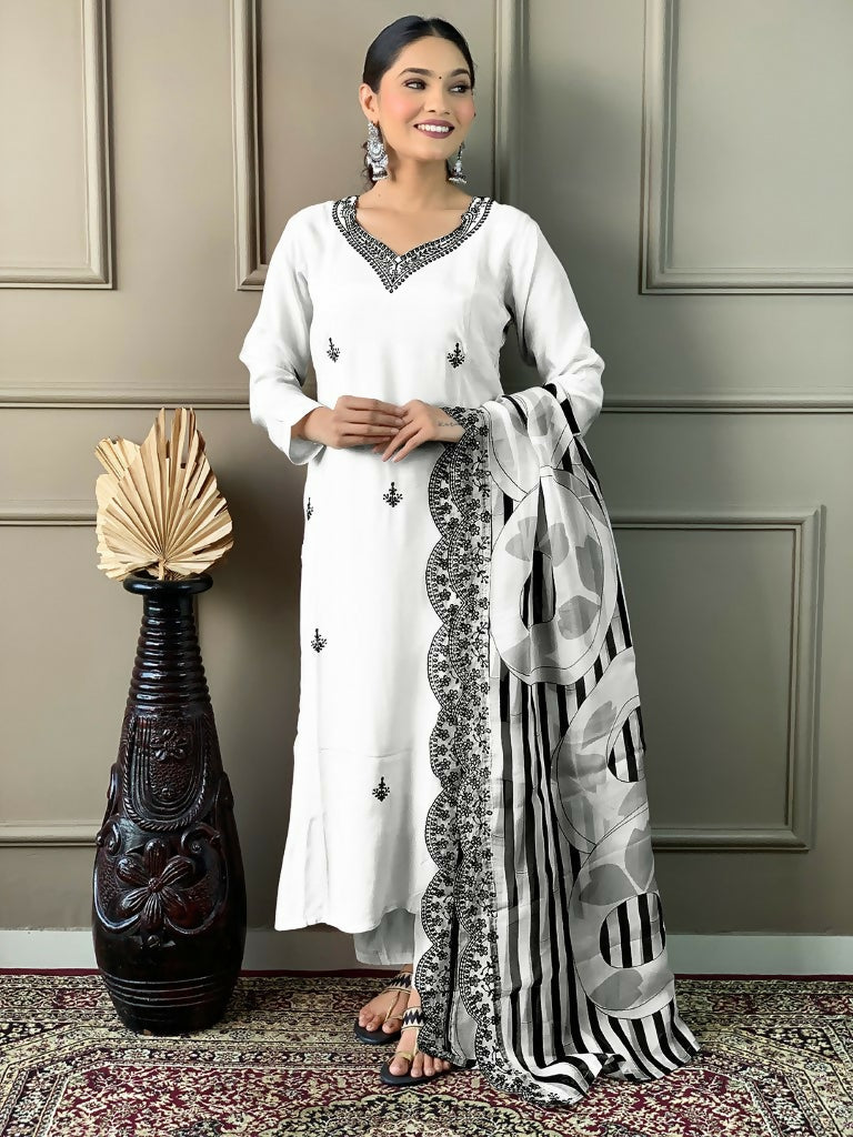 White Viscose chanderi Stitched Suit With Dupatta - Tanisha