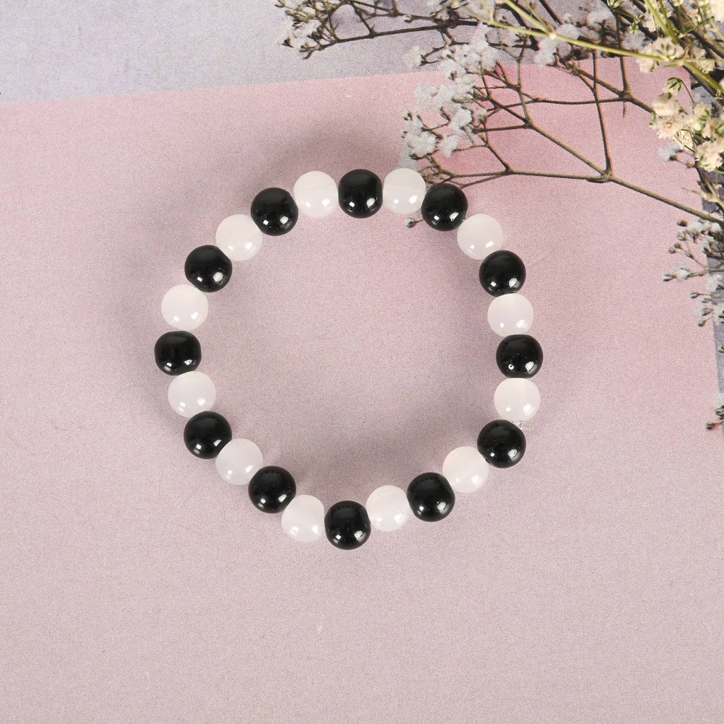 NVR Men & Women White Marble Crystal Beaded Elasticated Bracelet