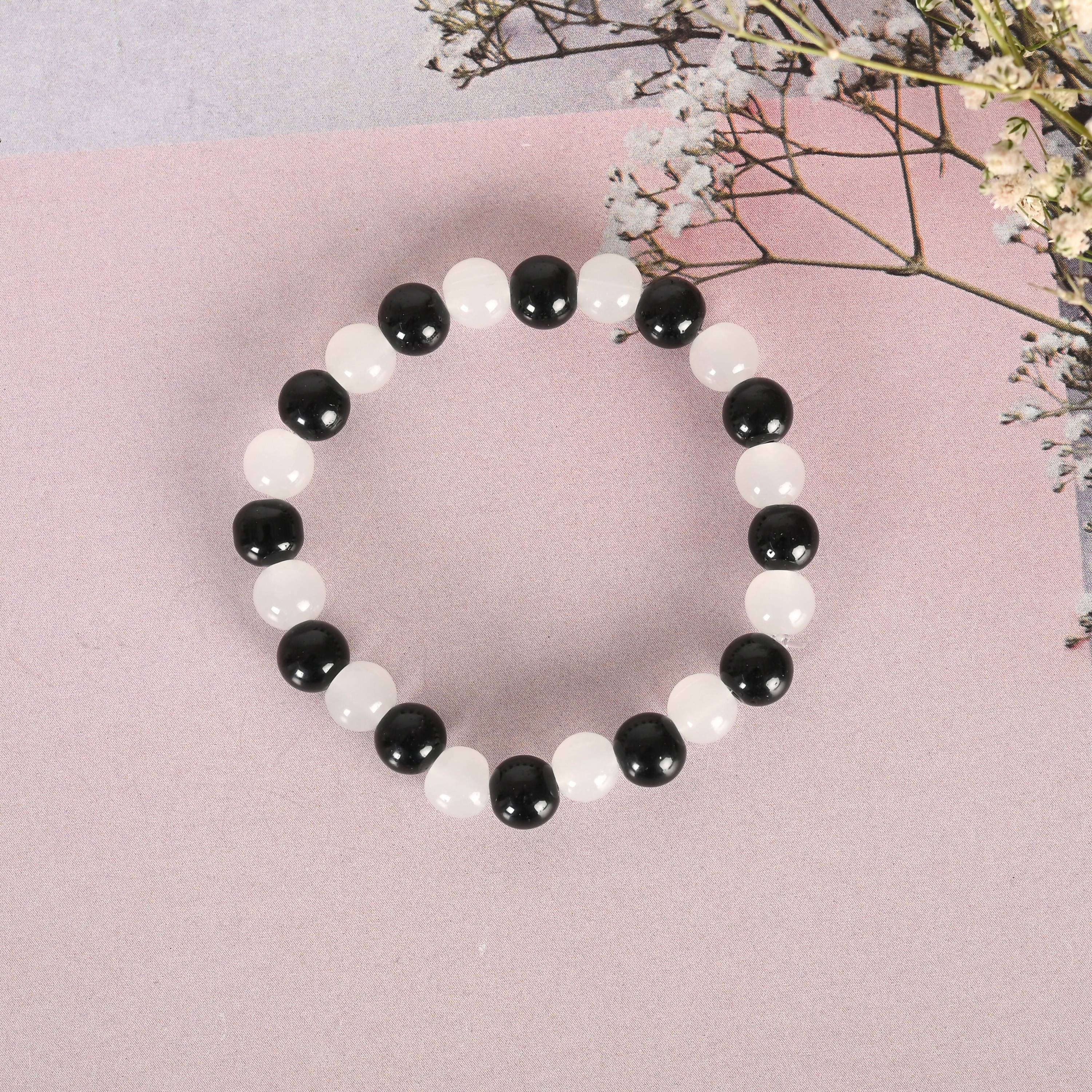 NVR Men & Women White Marble Crystal Beaded Elasticated Bracelet