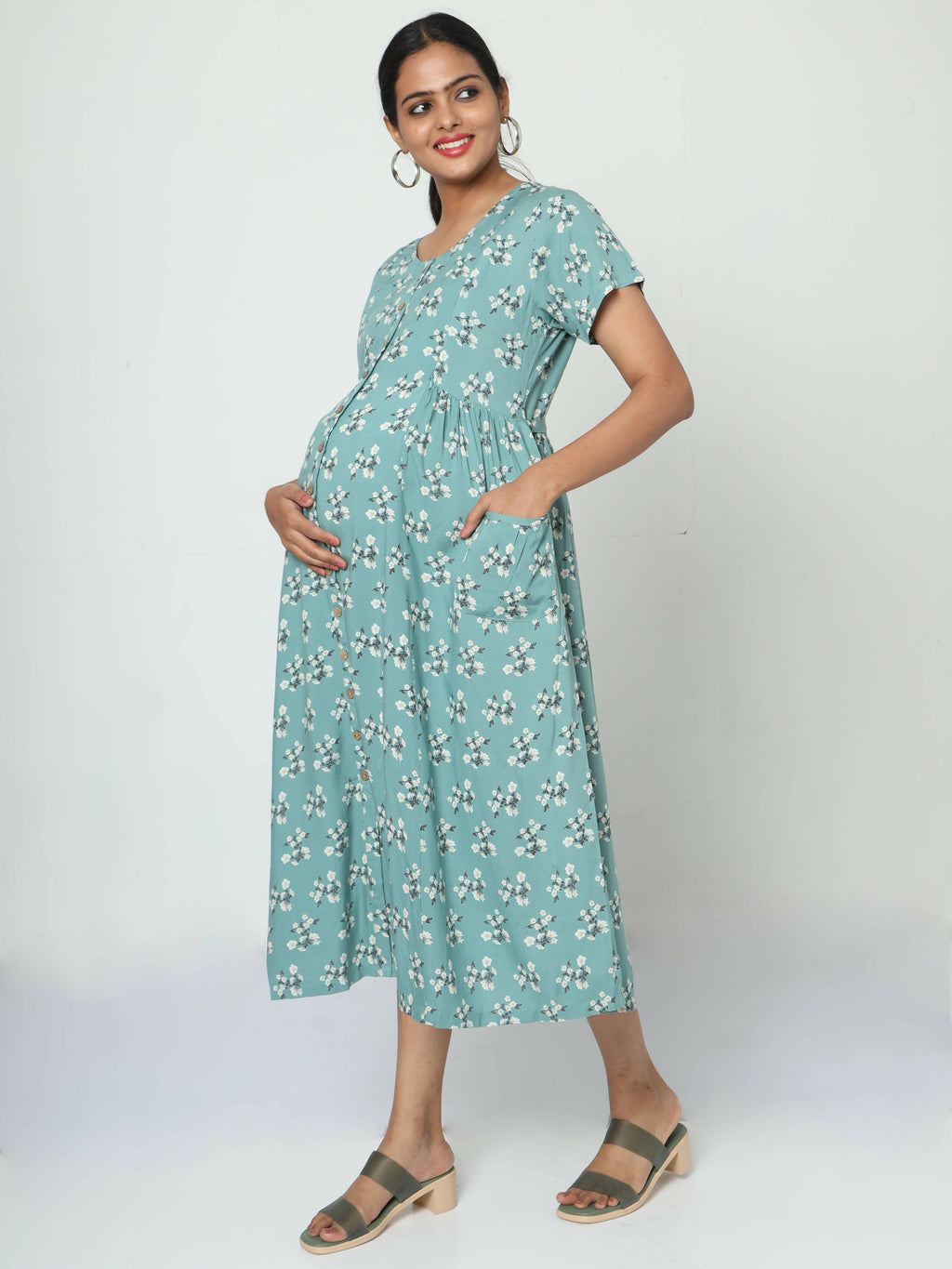 Manet Short Sleeves Maternity Dress Floral Print With Concealed Zipper Nursing Access - Green